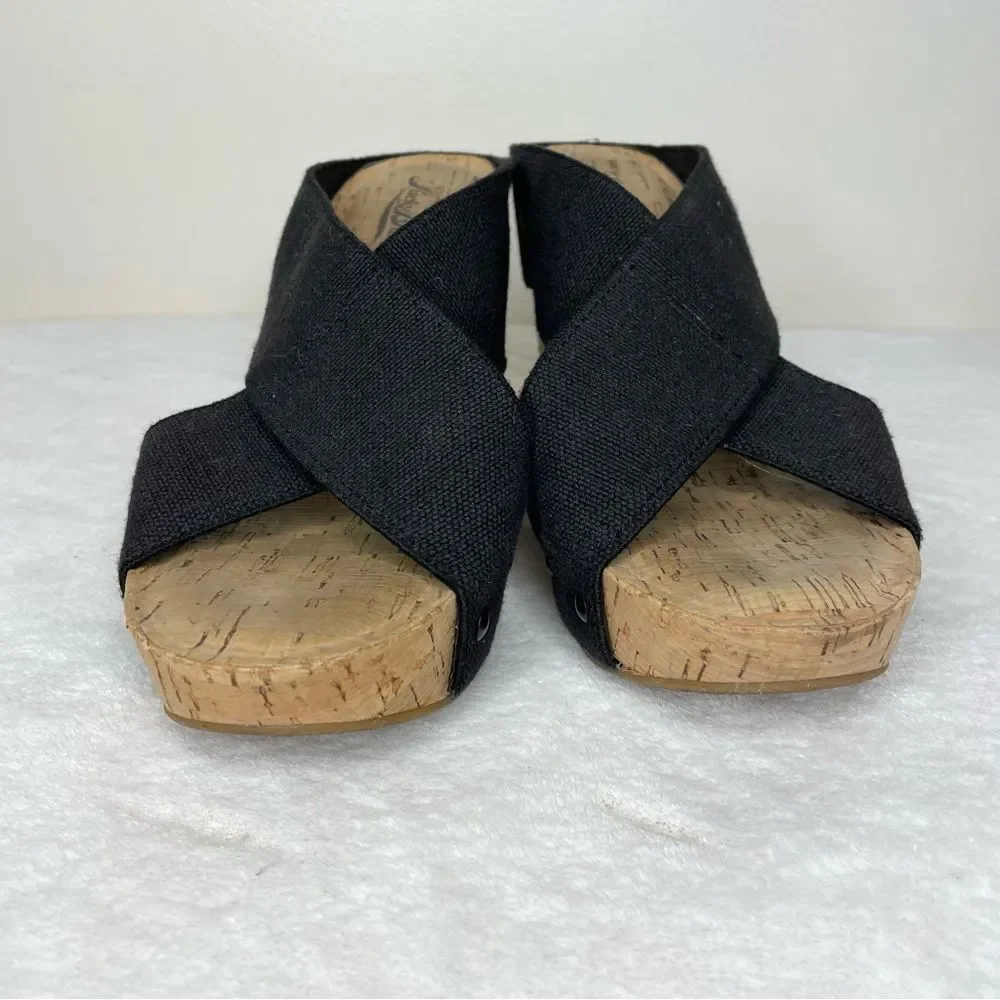 Lucky Brand Miller 2 Sandals Fabric Wedge Cork Heel Crisscross Black Size 9